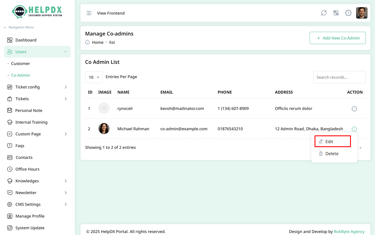 Edit Co-Admin Option