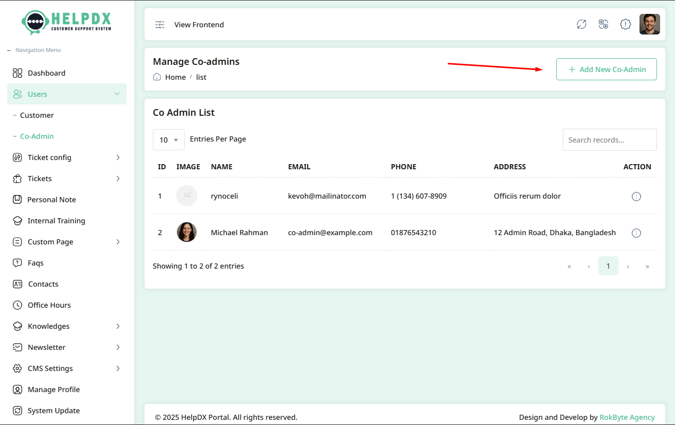 Co-Admin List Page