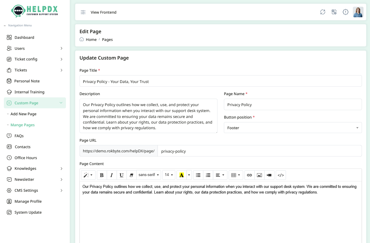 Update Custom Page Form