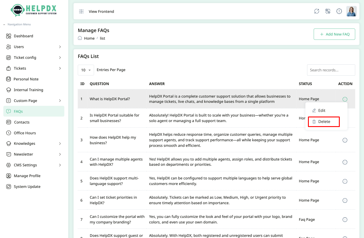 Delete FAQ Option