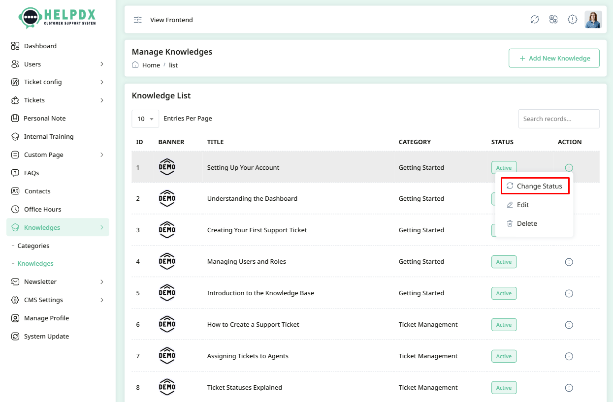 Change Status Option