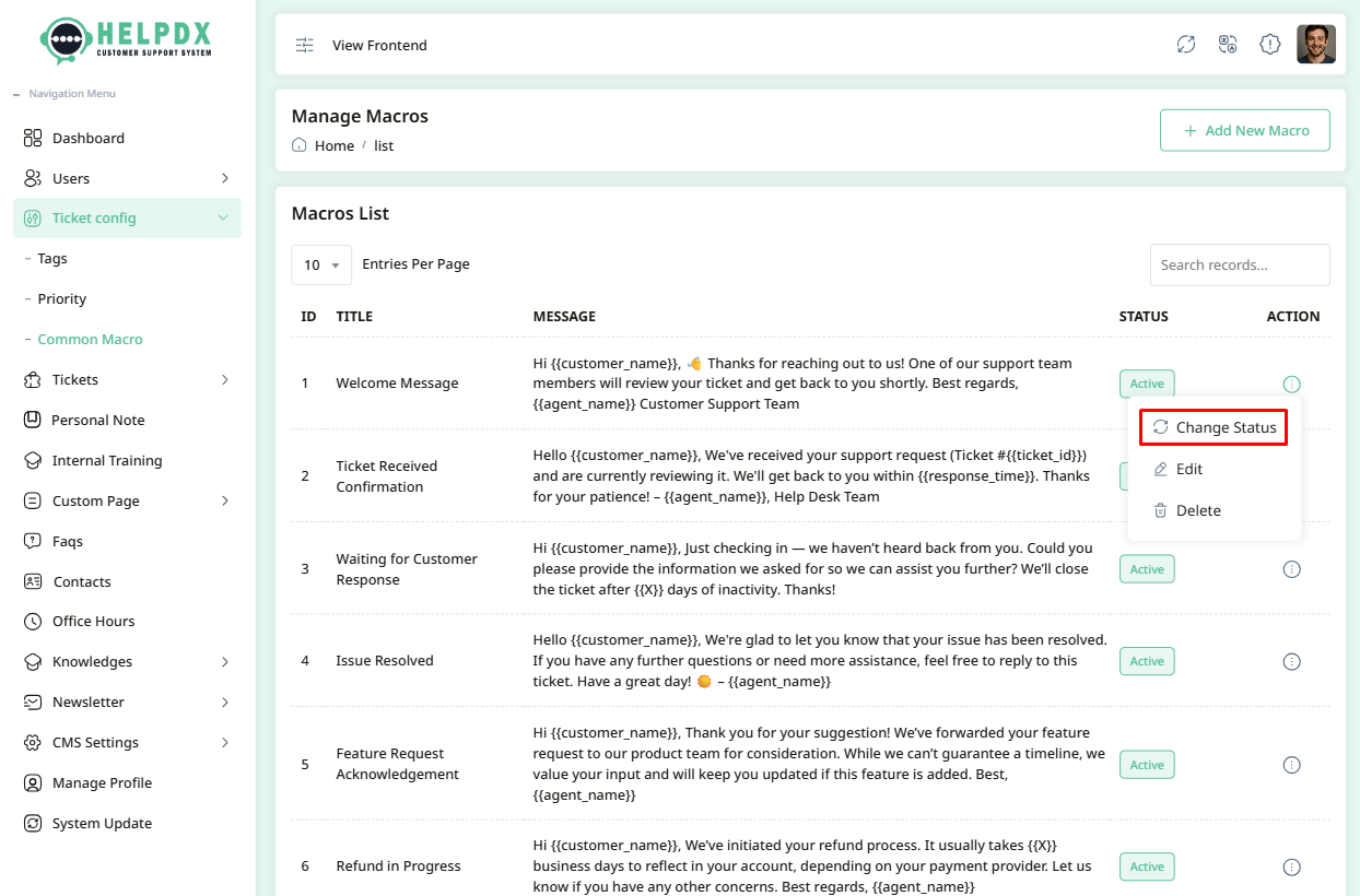 Change status for macro