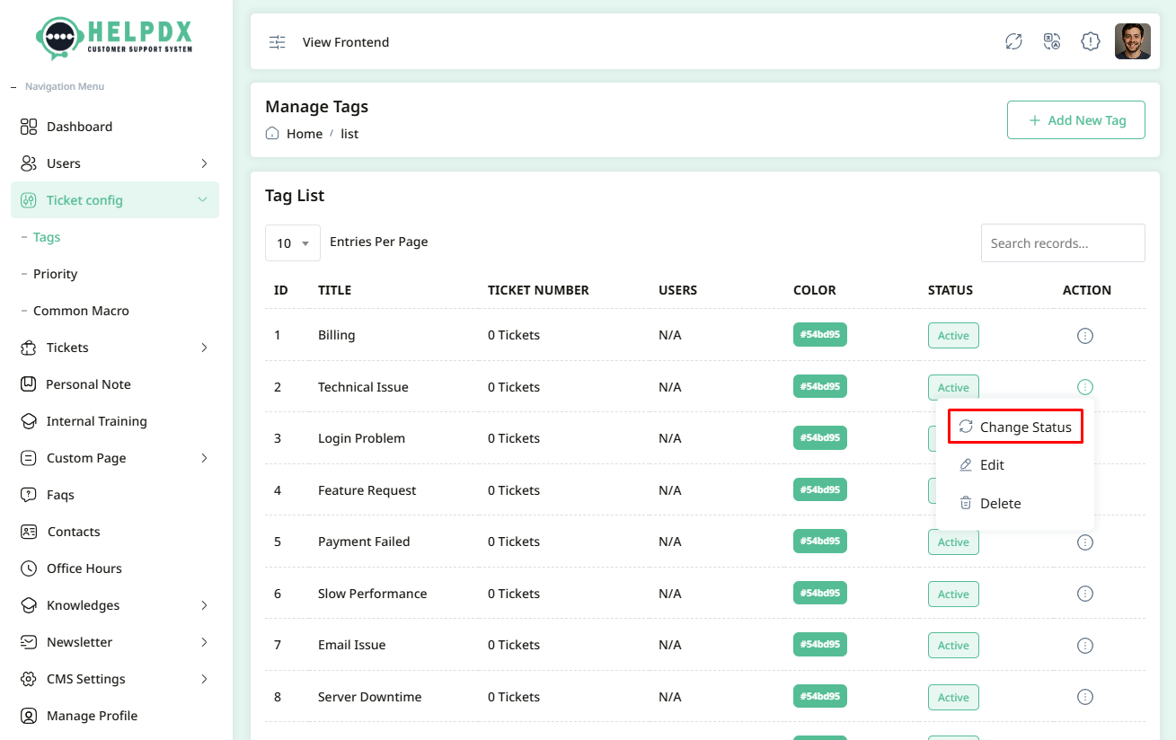 Change status for tag
